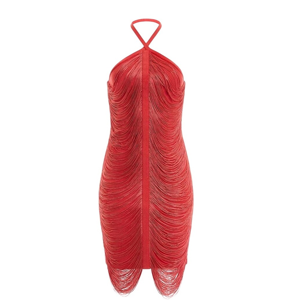 Guess Marciano Analise‎ Bandage Bodycon Dress Coral Pink Fringe Halter Small